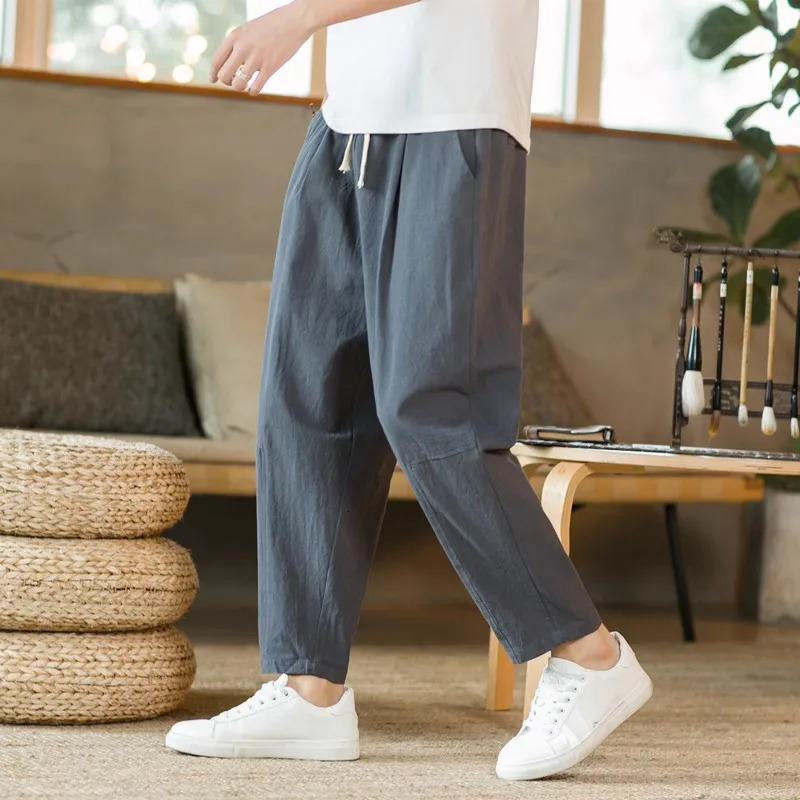 Mens Linen Lightweight Sweatpants Cotton Solid Color Breathable Joggers Men Baggy Pants Streetwear Long Trousers Men 250614
