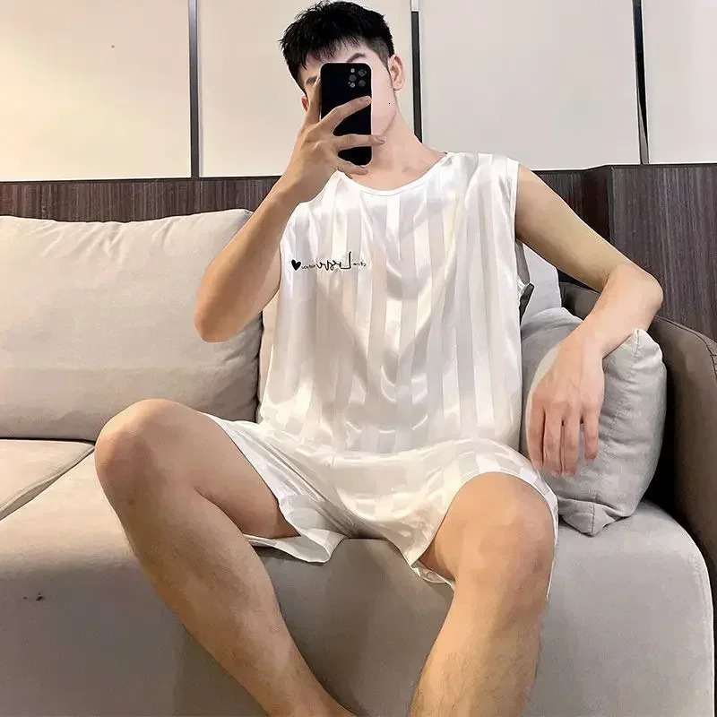 Pajamas Mens Ice Silk Thin Vest Shorts Loungewear Set Large Size Sleeveless Comfortable Casual 250614