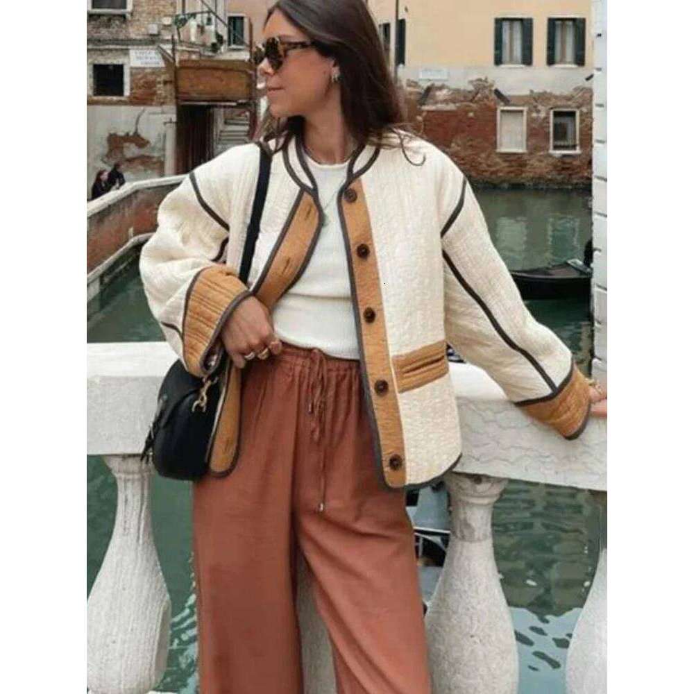 TARUXY Fashion Contrast Cotton Coat Women Single Breasted Splice Quilted Thermal Jacket Pocket Autumn Lady Casual Outwear