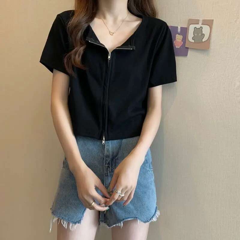 Womens Crop Top Summer T-shirt Woman Pink White Plain Short Sleeve Tees Elegant Classy Offe Clothing Black New in Old Pulovers