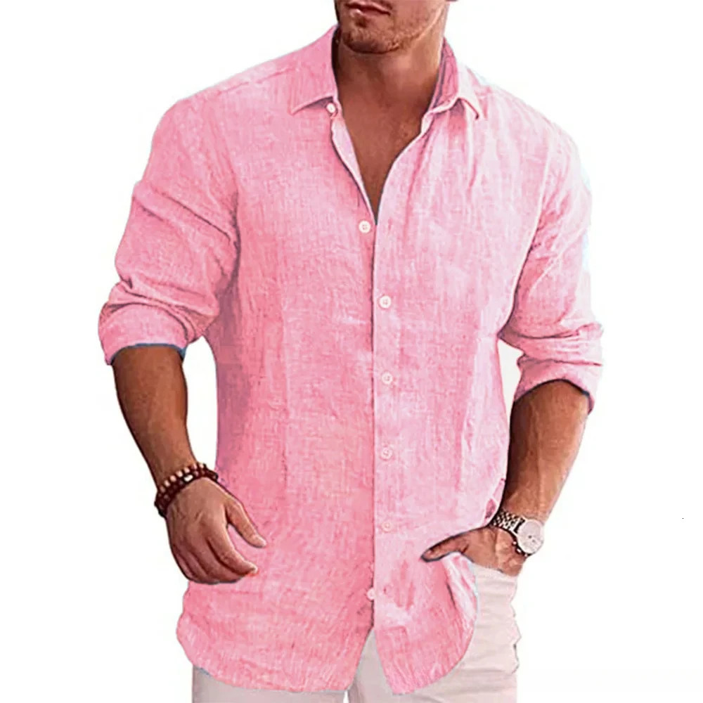 Cotton Linen Autumn Selling Mens Long Sleeve Shirt Solid Color Casual Style Plus Size 250613Z