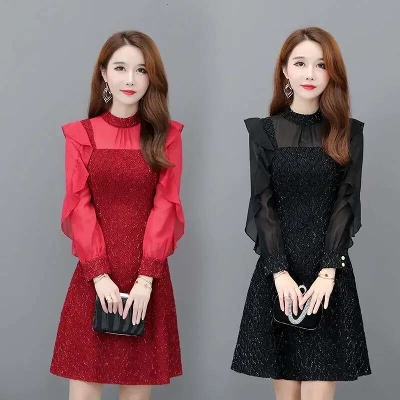 Spring Autumn Woman Long Sleeve Dress Chiffon Ruffle A Line Dresses for Women Aesthetic Elastic One Pieces Harajuku Casual Youth