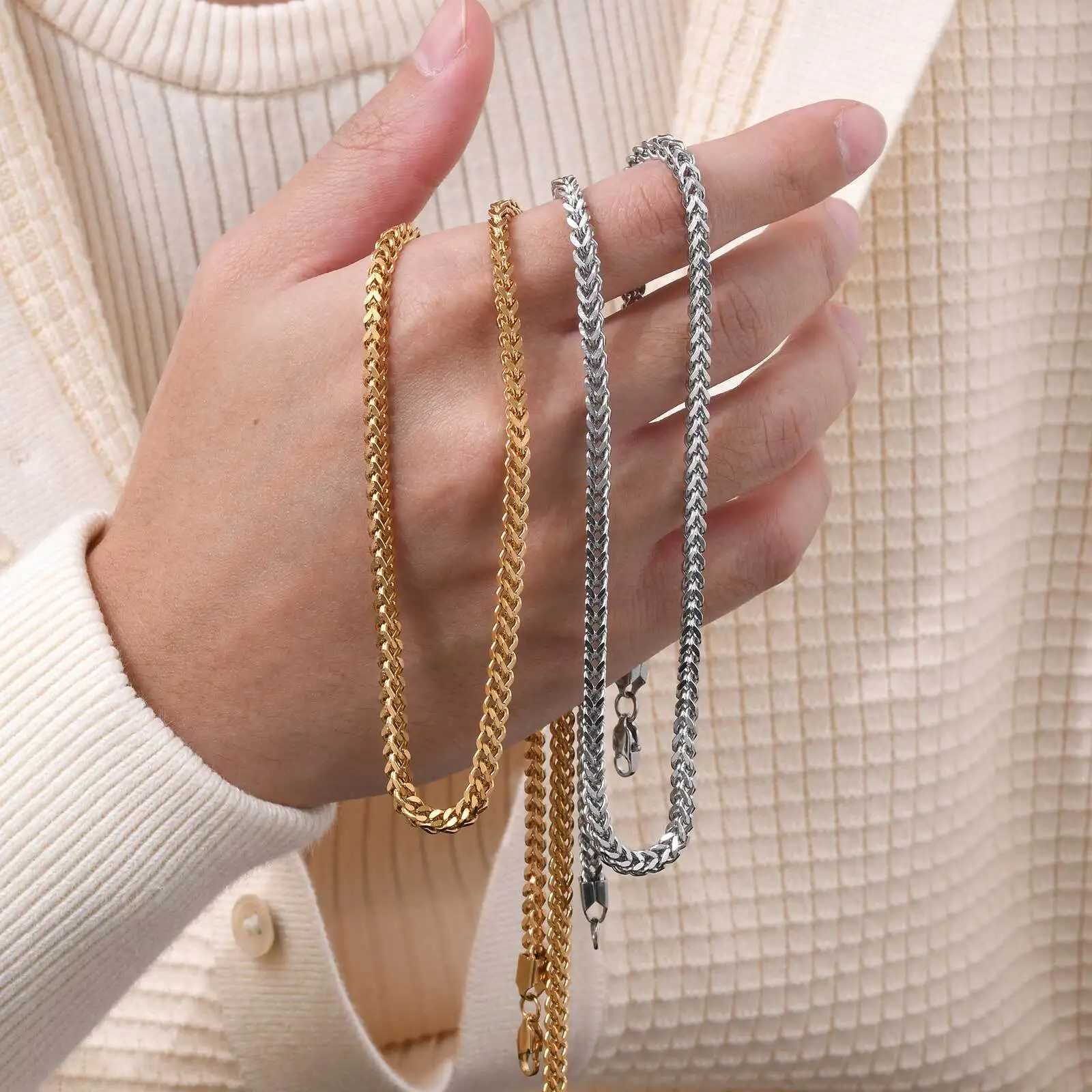 New Arrival Vnox Punk Rock Foxtail Franco Chain Necklaces for Men Boys Gold Plated Stainless Steel Cuban Links Collar Cool Hippie Jewelry V250616