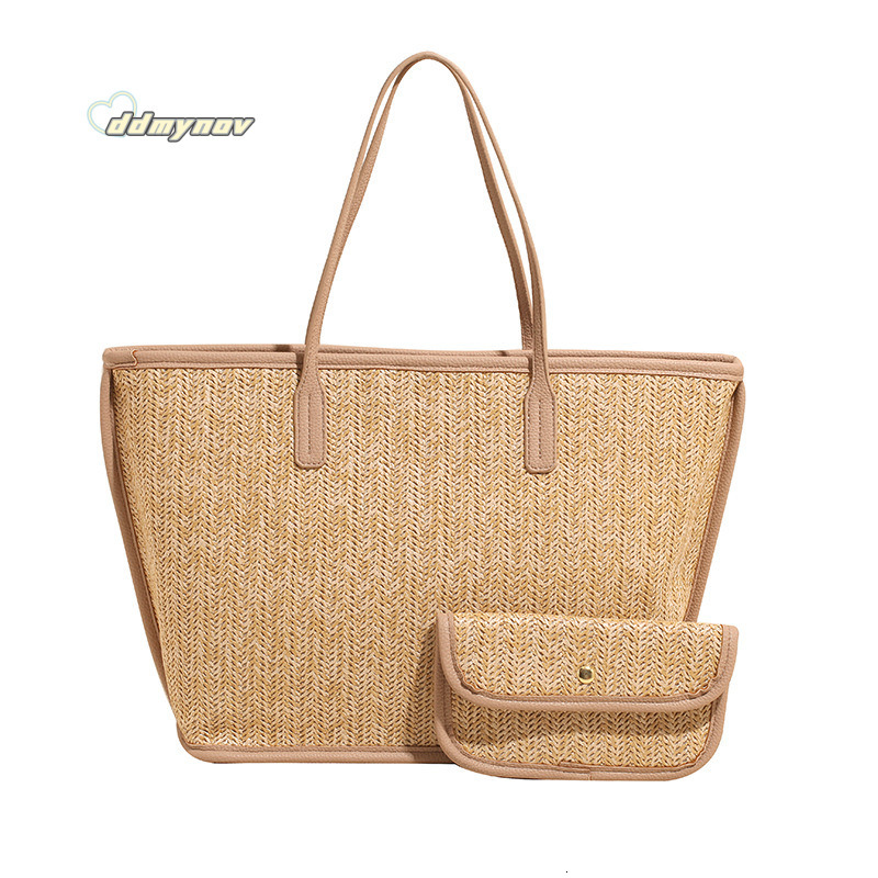 Fashion Color-Block Straw Large Capacity Tote for Women 2025 Spring Simple Versatile Beach Vacation Shoulder Bag Trend ddmynov ddmynov