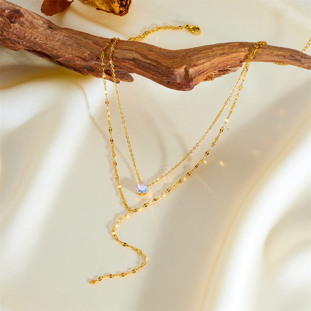 Fashionable Light Simple Elegant Six-Prong Zircon Double Layer Stacked Necklace for Women Titanium Steel Non-Fading Jewelry