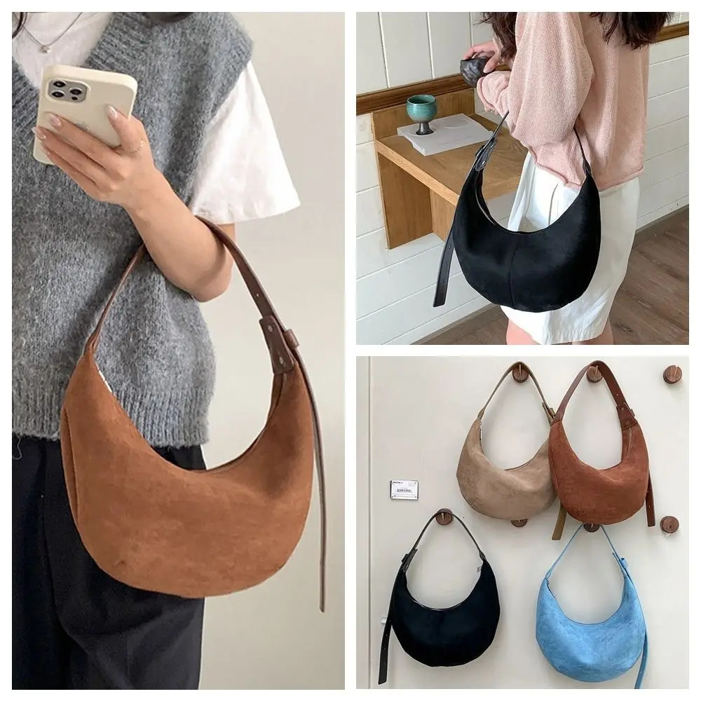 Sweet Korean Style Suede Shoulder Bag Retro Solid Color Dumpling Bag Maillard Style Zipper Crescent Bag Office Worker 250614