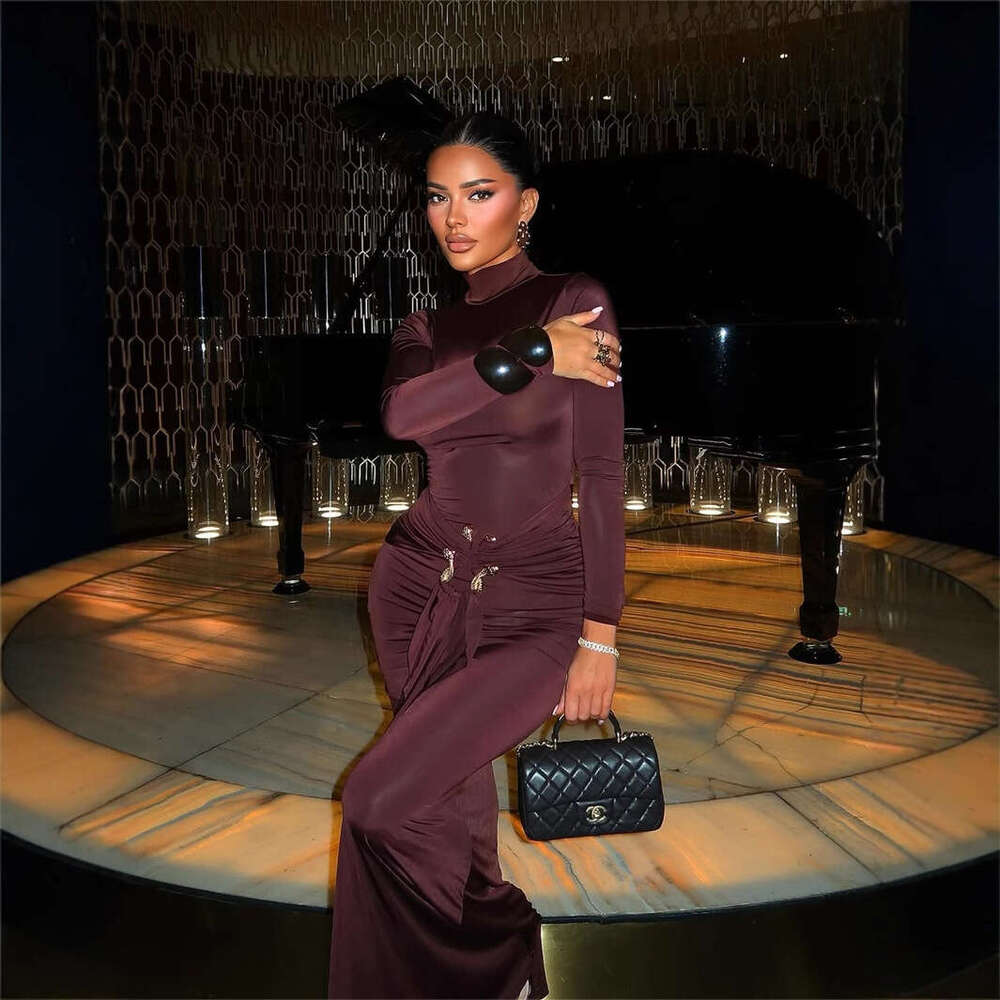 New Fashionable Elegant Metal Design Solid Color Slim Fit Sexy Bodycon Long Dress For Women B5