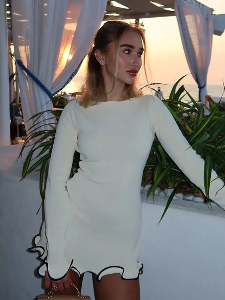 Yellow Ruffled Hem Dresses Women Elegant Summer Beachwear Vacation Party Vestidos 2025 Womens Long Sleeve O-neck Bodycon Outfit 250614