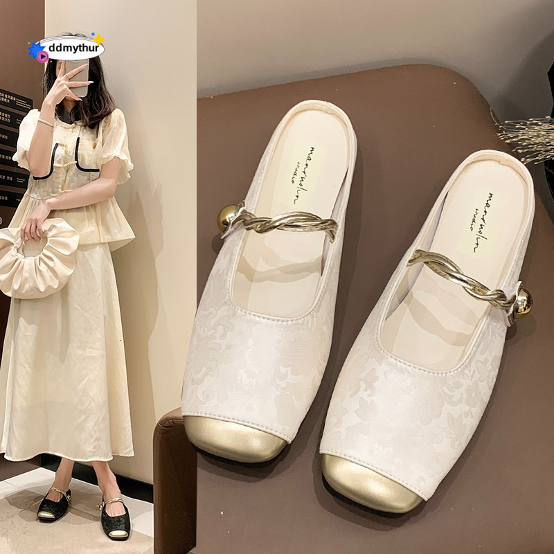 2025 Spring Summer New Chinese Style Closed-Toe Half Outdoor Square Toe Lazy Shoes Soft Sole Women's Slippers Loafers ddmythur
