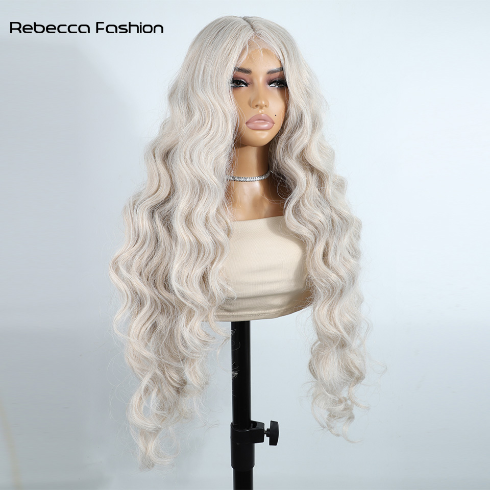 Recebba Fashion Front Body Wave For Women 32 Inch Honey Brown Ombre White Synthetic Lace Wig Cosplay Wigs
