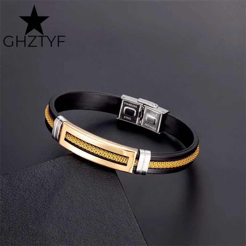 Golden Chain Stainless Steel for Men Women Teens Black Rubber Belt Wristband Cuff Bangle Male Hand Jewelry Gifts Z250616