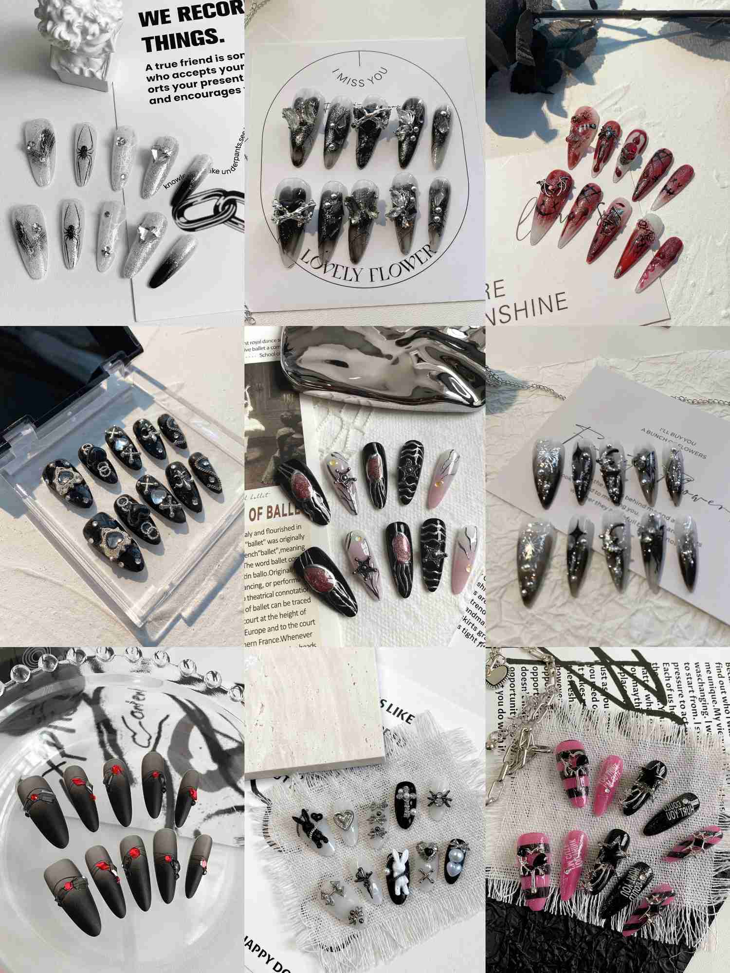 10-piece pressing long nails four-season manicure fake nails dark gothic manicure art DIY black pattern design black heart di R250616