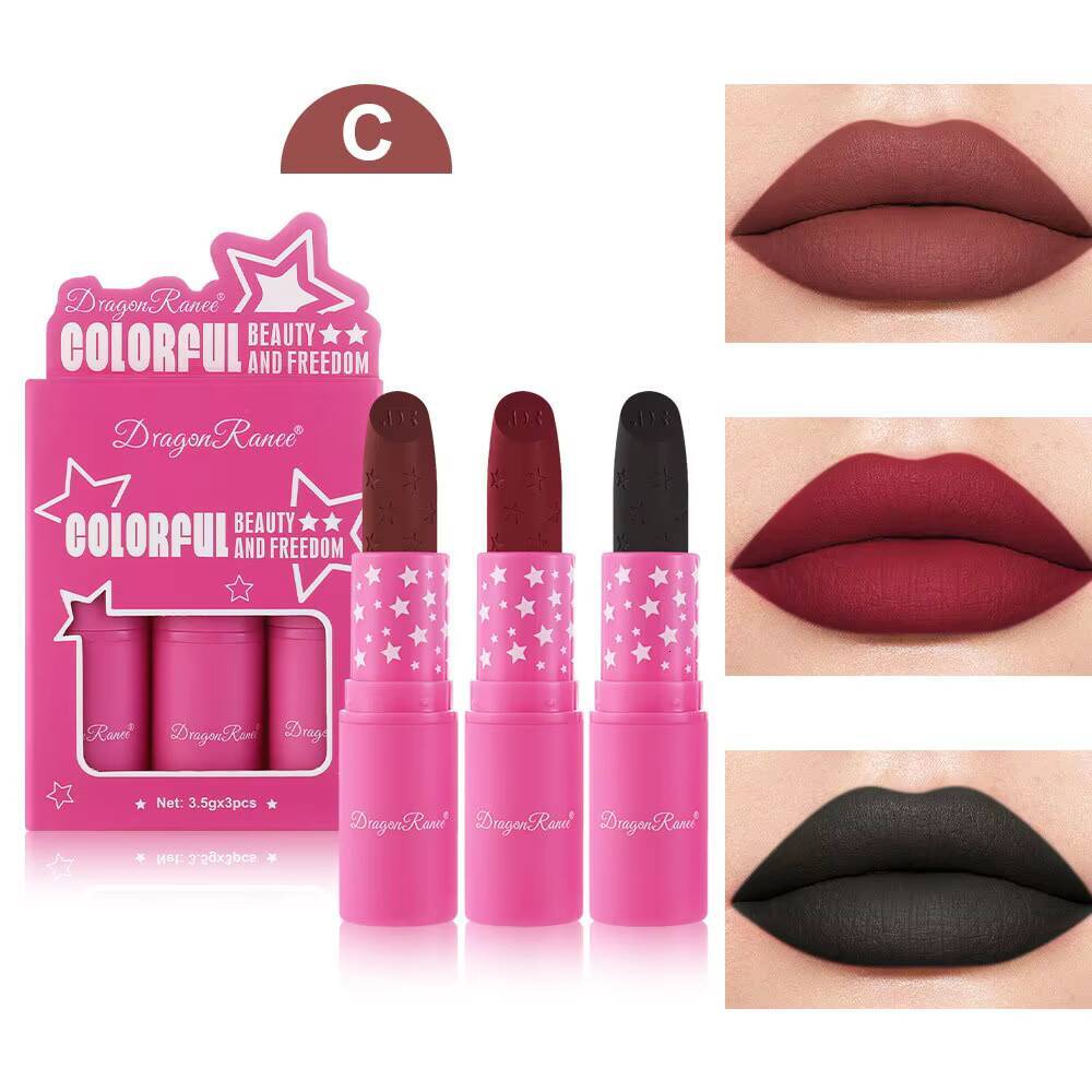 3Pcs/Box Matte Waterproof Korean Makeup for Women Lipstick Set Cosmetic Beauty Long Lasting High Pigmented Lipgloss happy