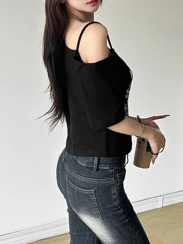 Gothic Tee Y2k Letter Print Off Shoulder Punk T-shirts Women Harajuku Summer Streetwear Grunge T Shirt Aesthetic Sexy Crop Tops 250614