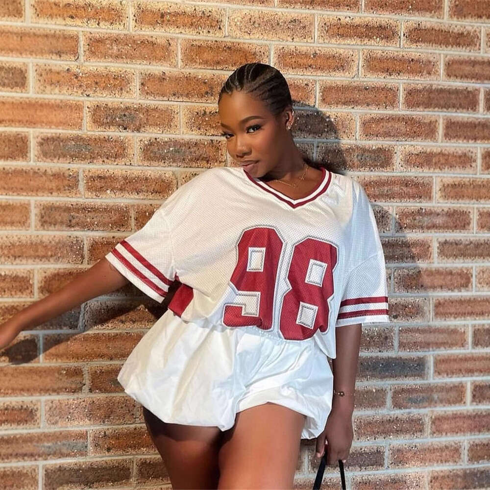 New Street Style Loose Casual V-Neck Fashion Printed Sports Short Sleeve T-Shirt Color Block Top B5