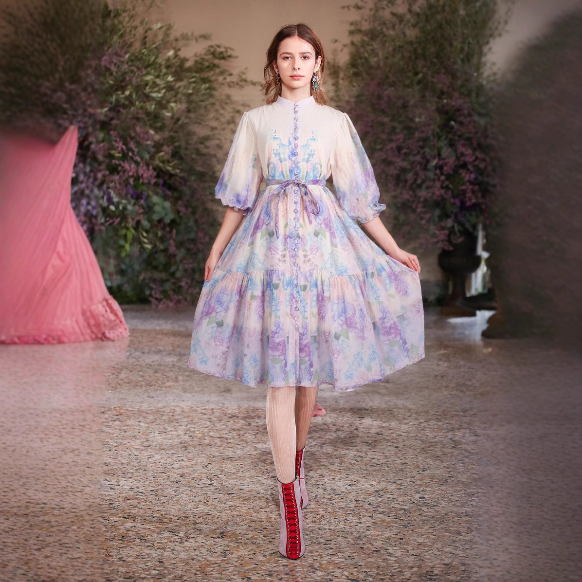 Summer Holiday Linen Dress Clothing Stand Ruffles Long Lantern Sleeve Flower Print Single Breasted Belt Mini Vestidos 250322