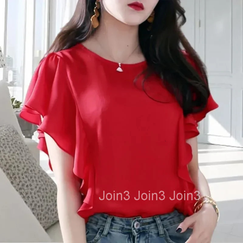 Woman Top Chiffon Ruffle Shirts Blouses for Women with Short Sleeve Frill Korean Reviews Clothes Fashion 2025 Elegant Chic New