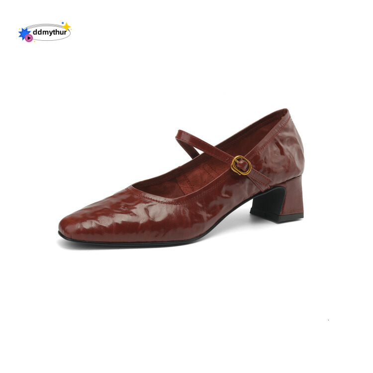 Slimming Square Toe Genuine Shallow Mouth Single for Women, Chunky Heel French Mary Jane Shoes, Burgundy Mid-Heel Leather Shoes ddmythur