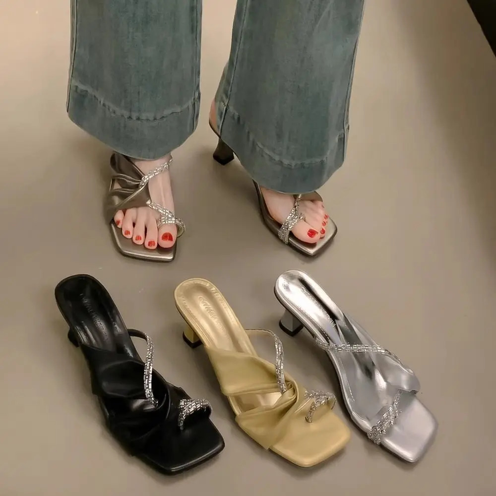 Open Toe Rhinestone Slides Heeled Sandals Fashion Low Price Woman Slippers er 39 On Sale Casual Shoes for Women 250614