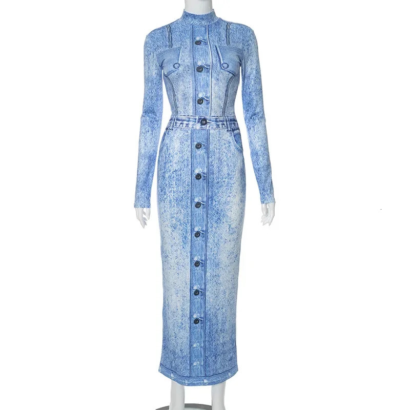 Women Long Sleeve Oneck Jean 3d Printed Bodycon Midi Maxi Dress 2023 Sexy Clubwear Evening Party Dresses Vestidos 250616