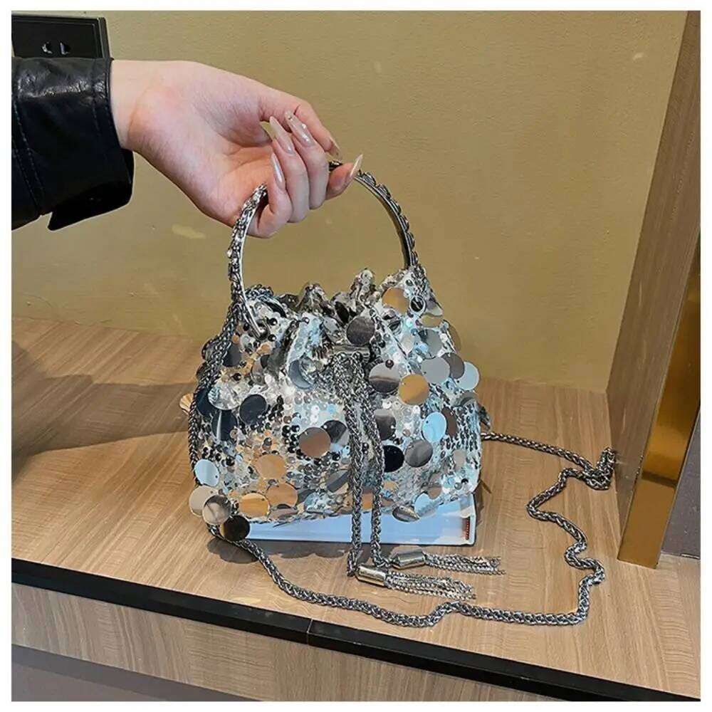 Mini Sequin Shoulder Bag Fashion Bucket Shiny Handbags Tassel Underarm Chain Crossbody Bags with Round Handle for Women Girl