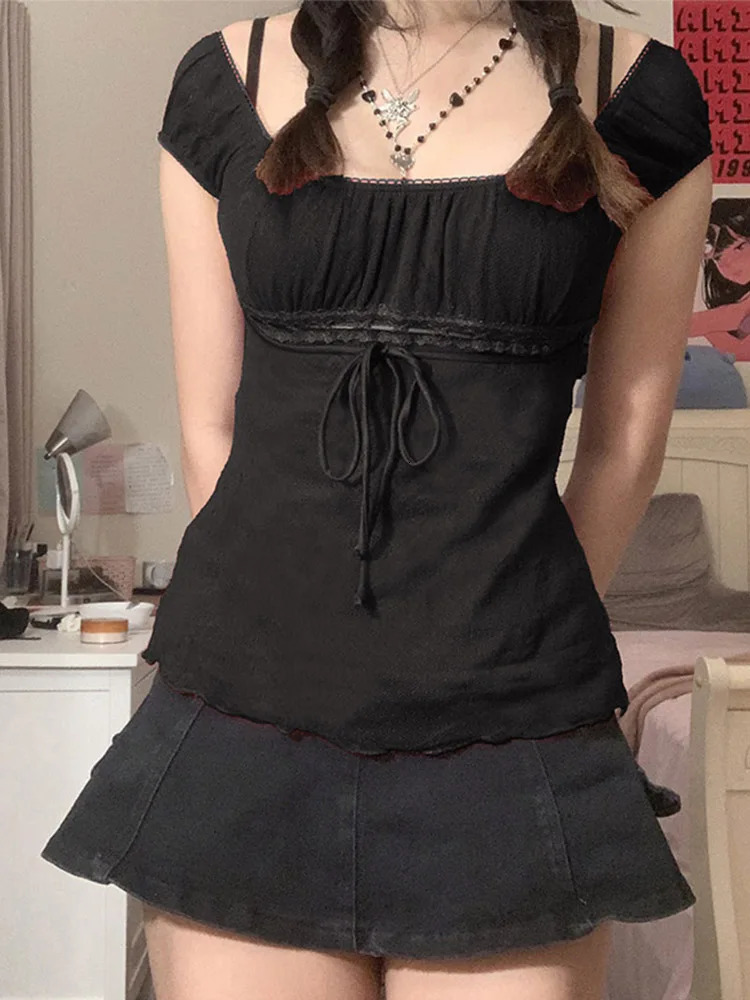 2000s Aesthetic Sweet Lace Tops Women Off Shoulder Drawstring T-shirt Korean Fashion Female Tee Fairy Grunge Streetwear 250614