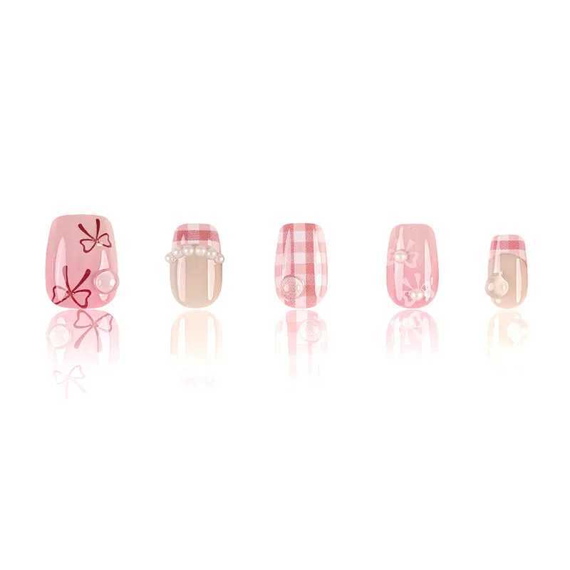 10Pcs Sweet Pink Checkerboard Handmade Nails Bow Pearl Short Coffin Fake Nail Tips for Women Girl Removable Wearable Nail Art R250616