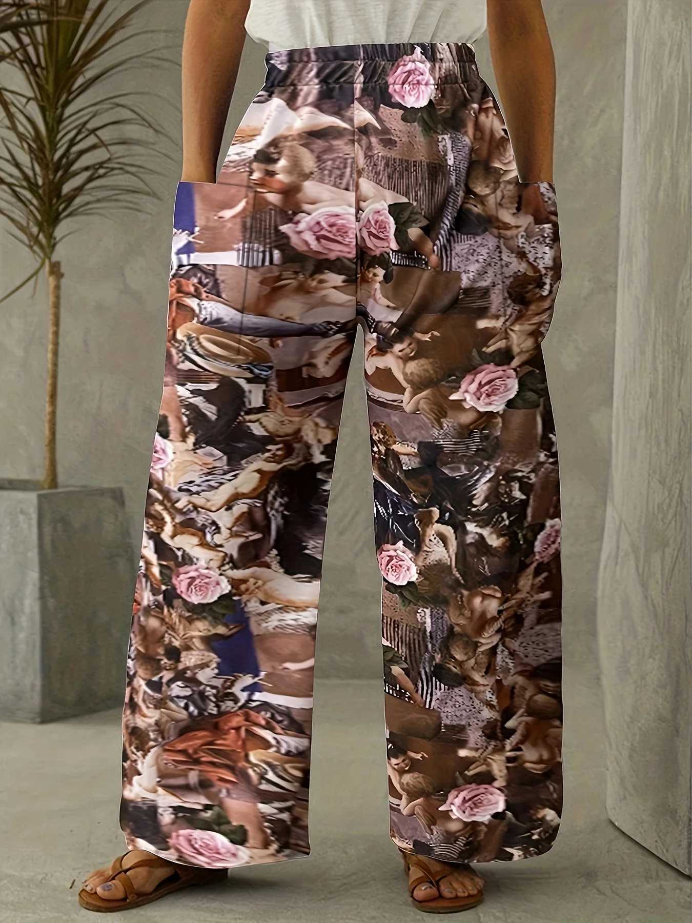 Plus-size printed wide-leg pants casual drawstring draped elasticated waist pants womens plus-size clothing XJ250616