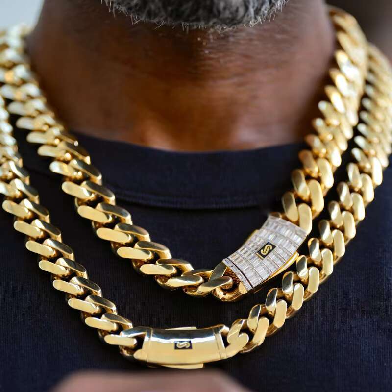 Cadena 14k 18k Gold Plated Hip Hop Luxury Jewelry Monaco Chain Classic Plain Lock Miami Cuban Link Chain Mens Choker Necklace