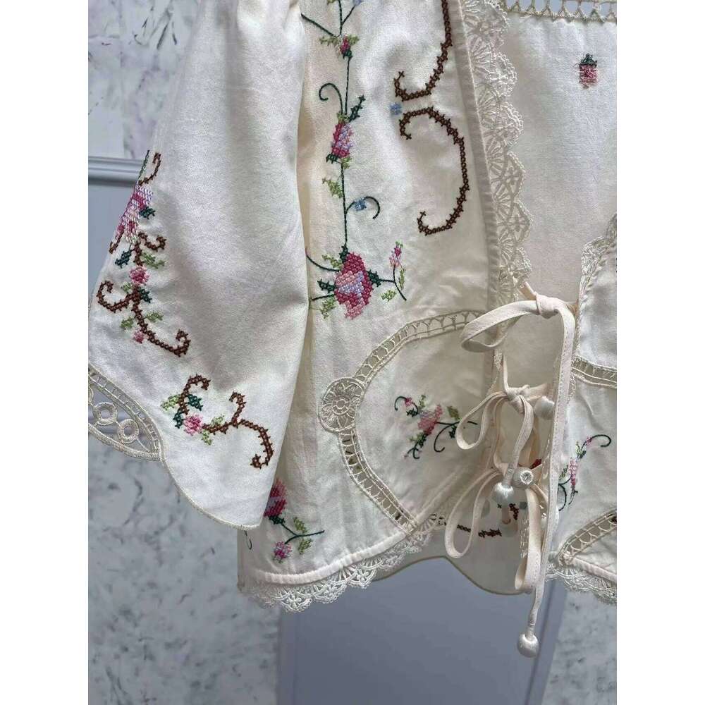 Women Floral Embroidery Short Blouse Lace-Up V-Neck Hollow Out Autumn 2024 Lady Cotton Linen Blend Sweet Fashion Shirt