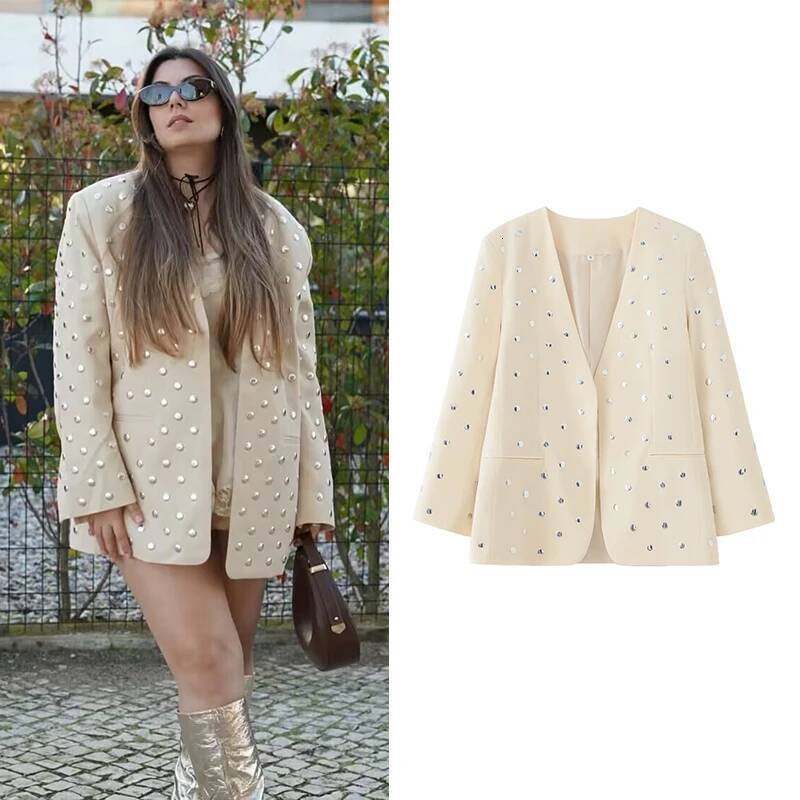 RAFZNB Fashion Rivet Decoration Casual Blazer For Women V-Neck Long Sleeve Coats Female Outerwear Tops