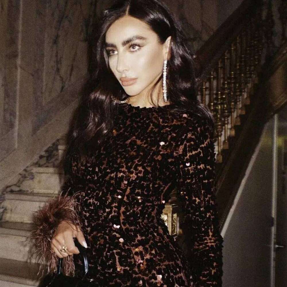 Women's Elegant Celebrity Sequin Cuff Feather Retro Slim Long-Sleeve Long Fashion Evening Party Dress