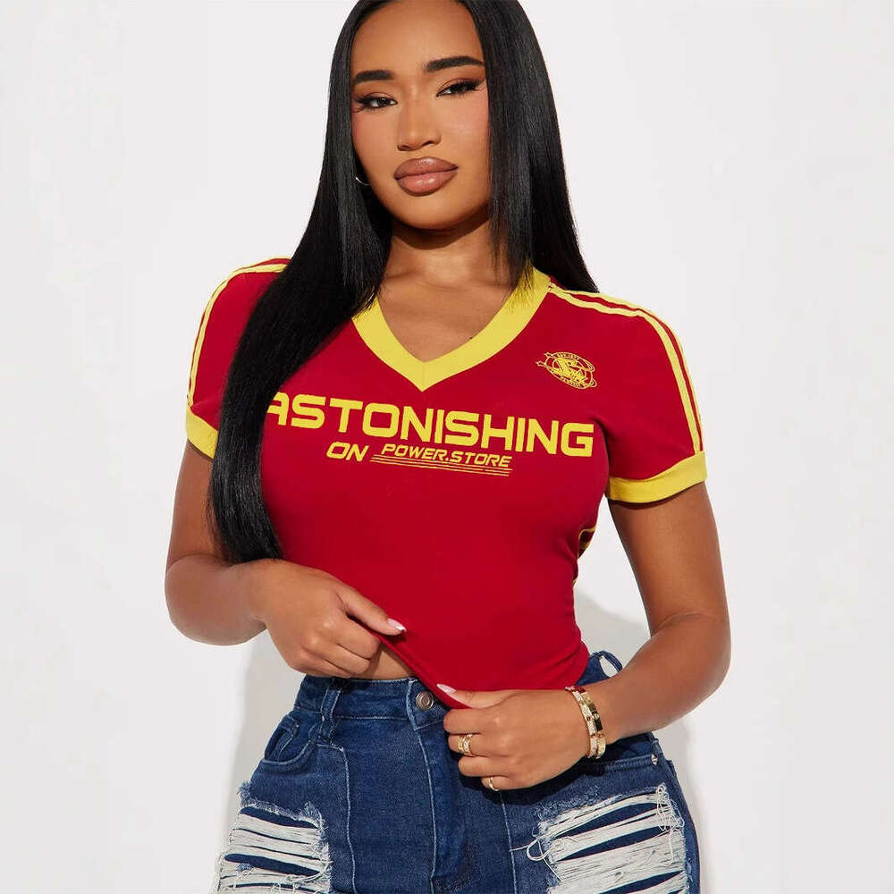 Autumn New Fashion Sports V-Neck Color Block Print Top Short Sleeve T-Shirt For Women B5