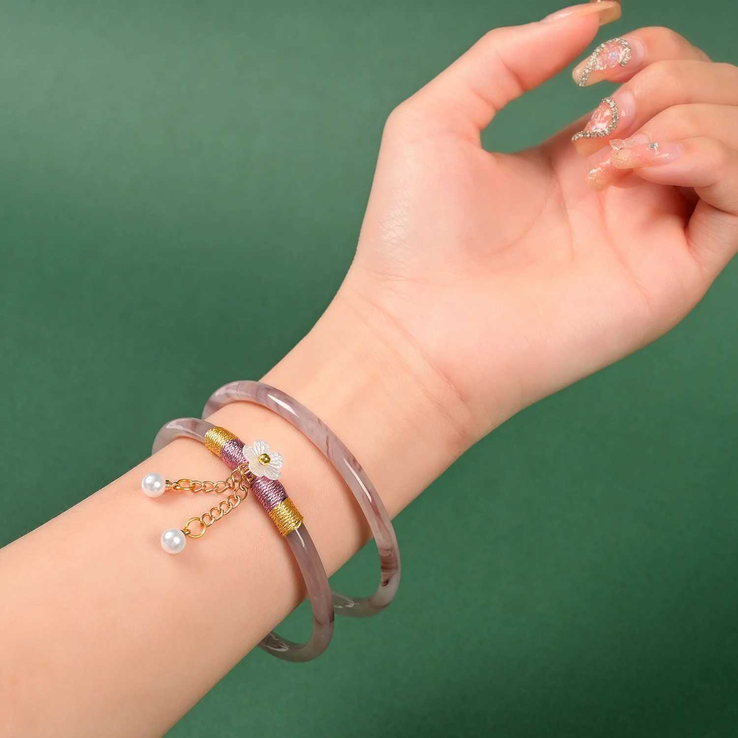 2Pcs/Set Natural Jade Jingle Bangles Retro Simple Fairy Flower Glass Femme Fashion Womens Casual China Jewelry Gifts Z250616