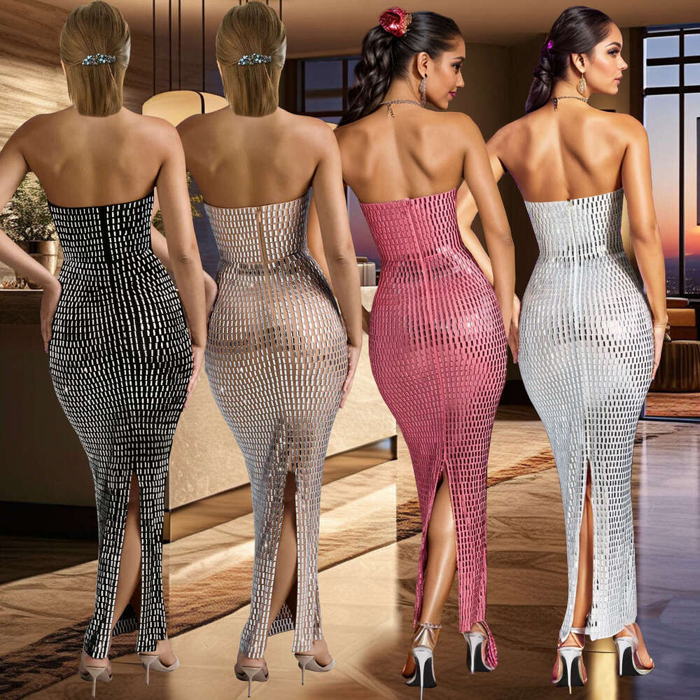 European and American Women's Solid Color Rhinestone Sleeveless Dress Party Gown Long 2025 New Casual Fashion Trendy Clothing