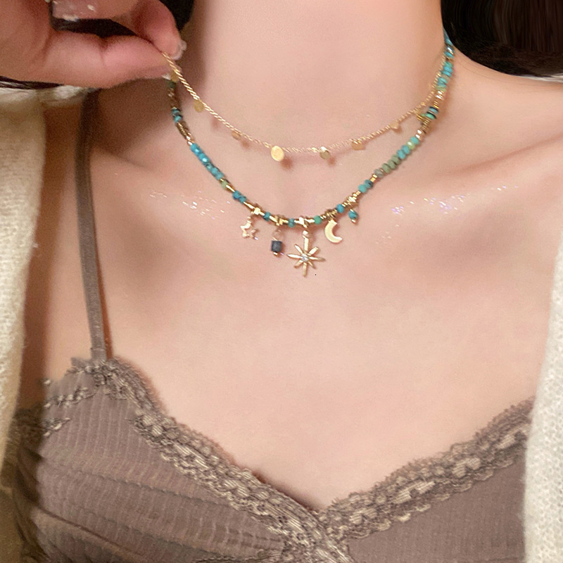 Fashion Bohemian Dia-Studded Sun and Moon Double Layer Stacked Unique Design Titanium Steel Necklace