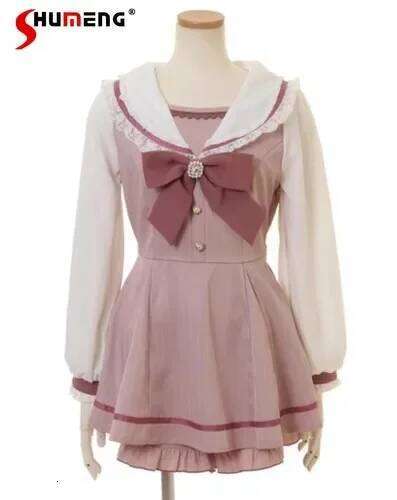 Rojita Japanese Sailor Collar Long Sleeve For Women Spring Summer Sweet Lolita Bow Dress Shorts Suit Women's Two-Piece Set