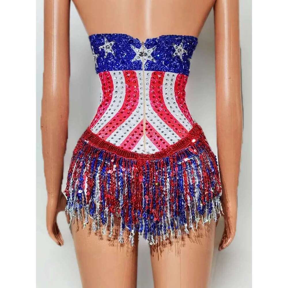 Women Beading Tassel Bodysuits Spaghetti V Neck Special Occassion Topic Evening Party Nightclub Stage Costumes