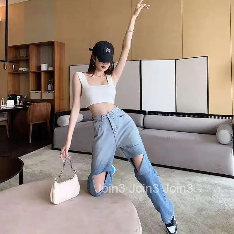 With Holes Trousers Straight Leg Gradient Womens Torn Jeans Aesthetic Korean Fashion New In 2025 Basics Cowboy Pants for Woman