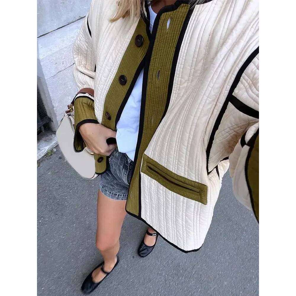 TARUXY Fashion Contrast Cotton Coat Women Single Breasted Splice Quilted Thermal Jacket Pocket Autumn Lady Casual Outwear