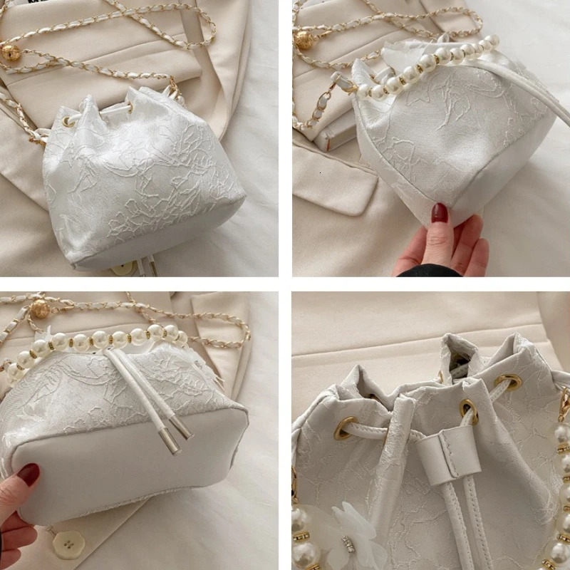 Sweet Butterfly Women Drawstring Bucket Shoulder Bags Versatile Ladies Crossbody Bag Clutch Fashion Girls Pearl Chain Handbags 250614
