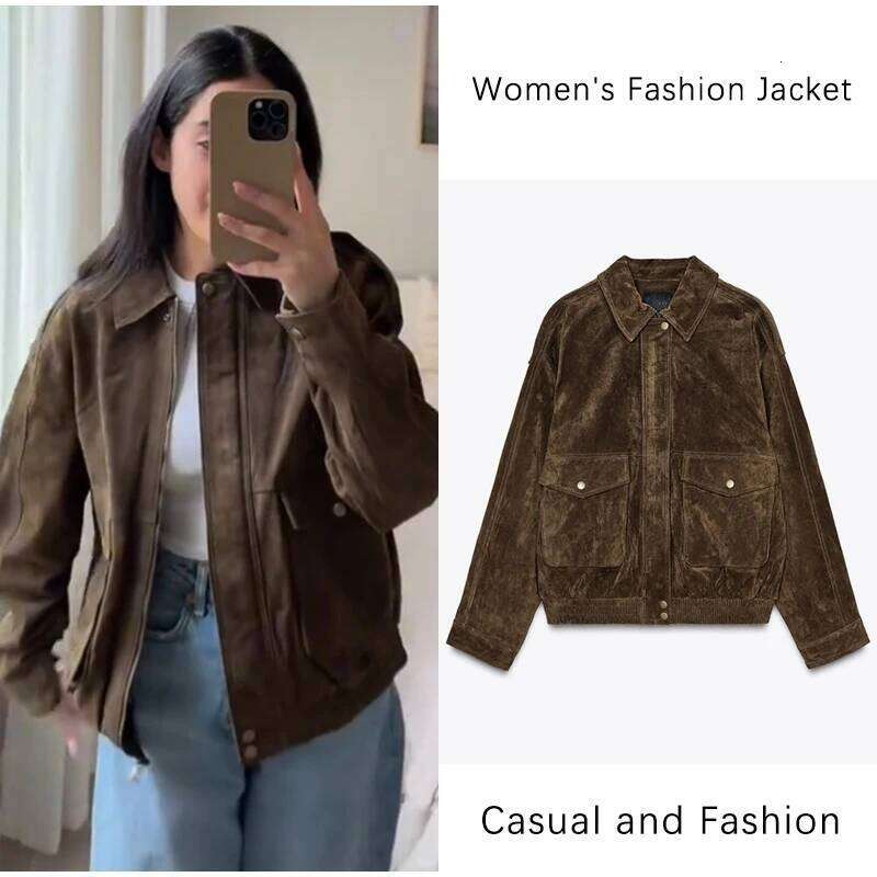 Autumn High Street Women's Coat Brown Big Pocket Long Sleeve Zipper Female Coats 2025 Fashion Turndown Collar Loose Lady Outwear