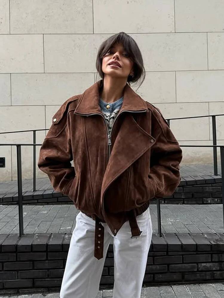 Oversize Suede Lace Up Jacket Women Vintage Turn-Down Collar Long Sleeve Zipper Cropped Coats New Fashion Elegant Lady Outerwear