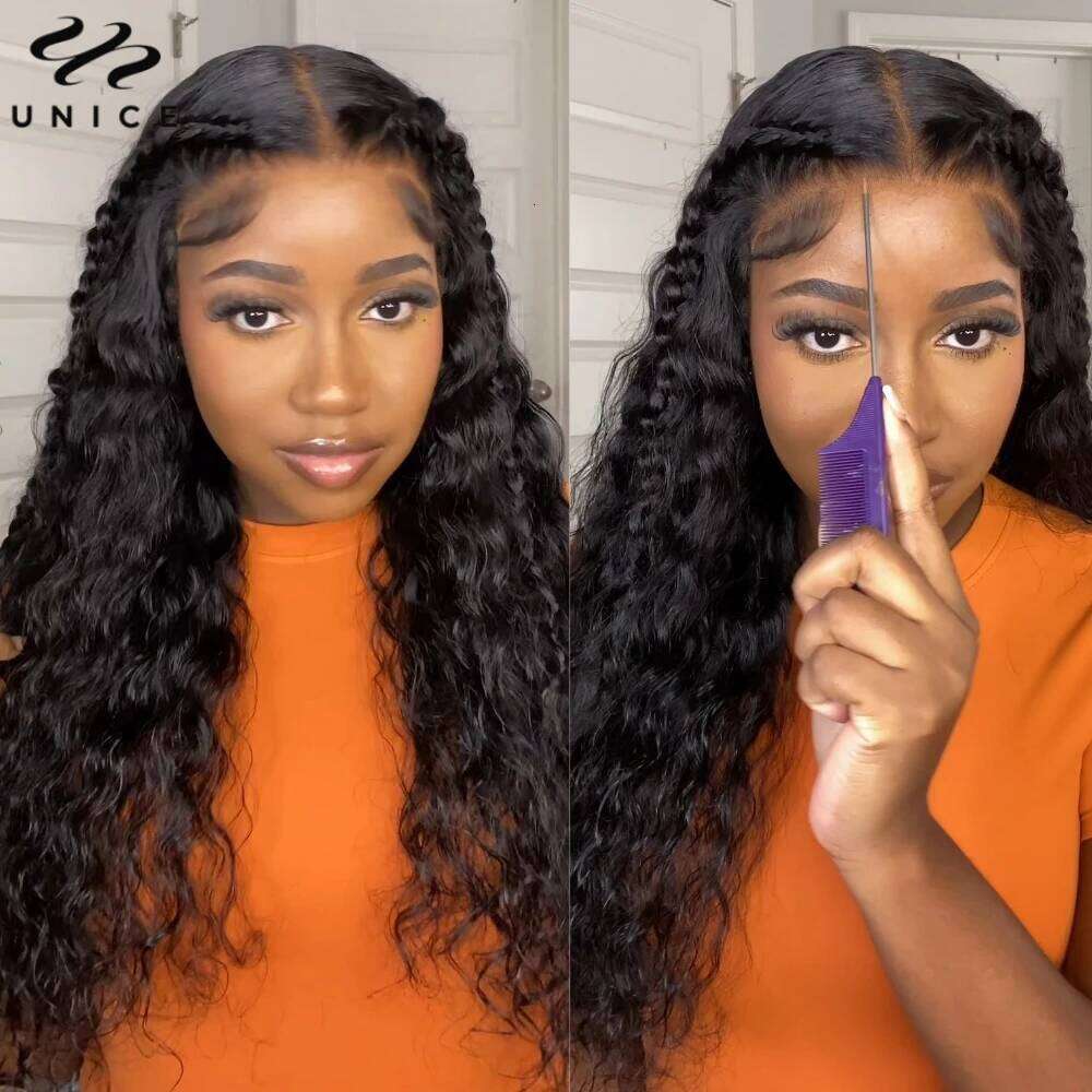UNICE Upgrade Drawstring Water Wave 7x5 Glueless Cut Pre Bleached Lace Front Human Hair Wig Ready To Wear 180% Density