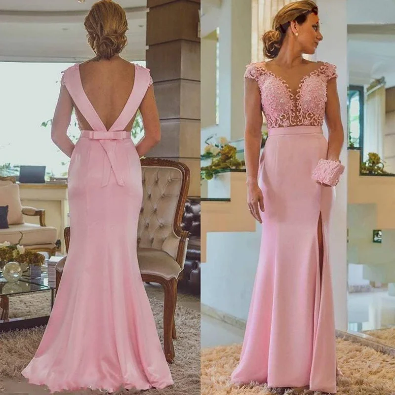 Pink Side Split Mermaid Mother of the Bride Dress Backless Floor Length Long Formal Party Gowns Mother's Dresses Elegant Prom Dresses