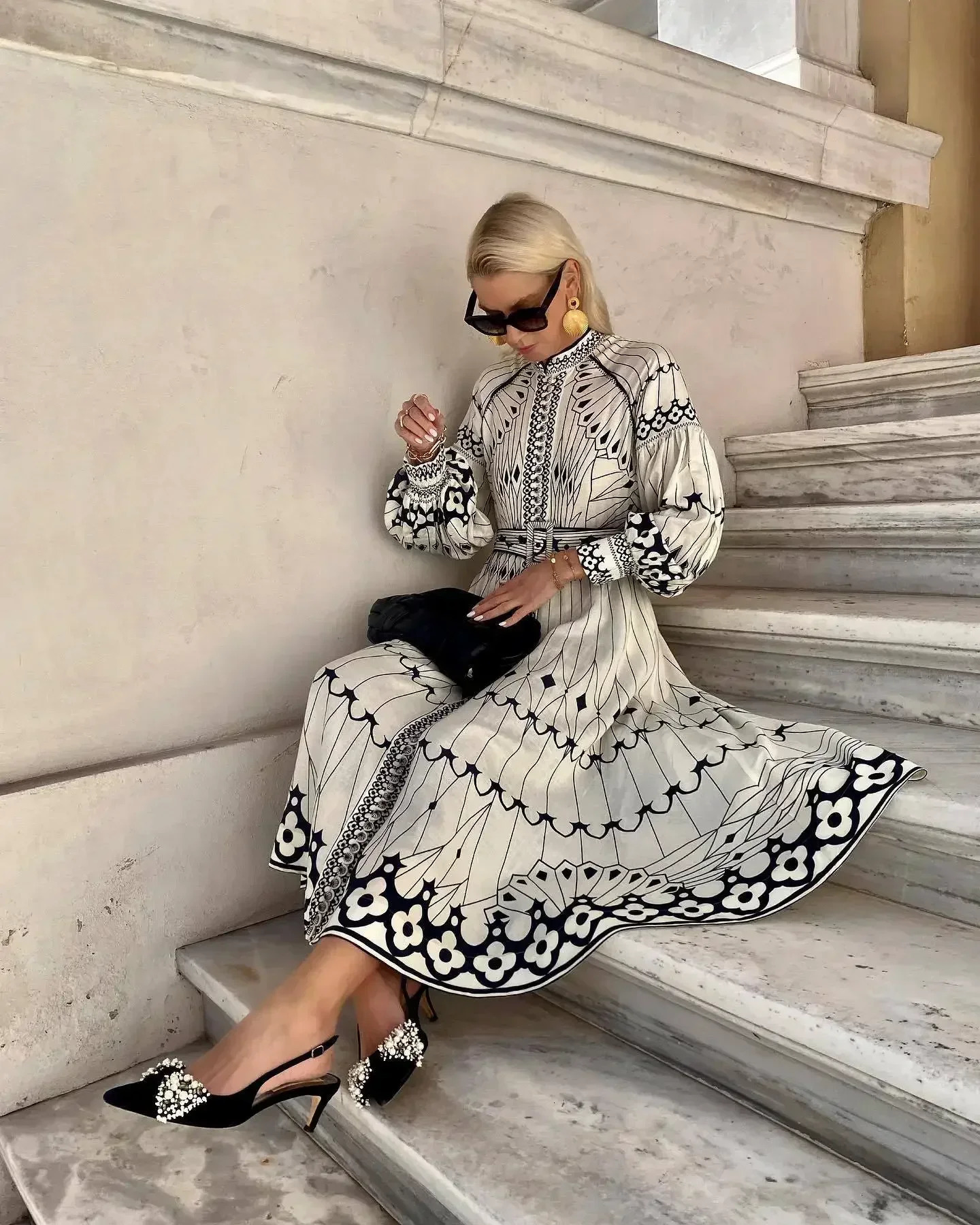 Retro Elegant Stand Collar Long Dress Women Spring Pattern Print Belted Buckle Party Dress Autumn Long Sleeve A-Line Boho Dress 250609