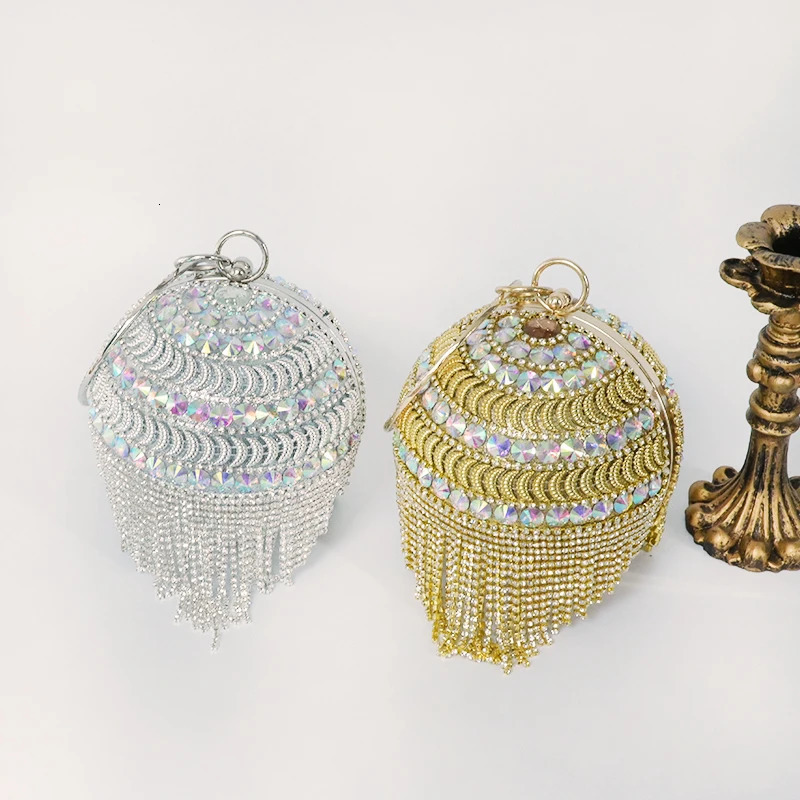 Chic Rhinestone Round Shape Tote Clutch Bag Diamond Tassel Evening Party Luxury Shining Ladies Handbags 250614