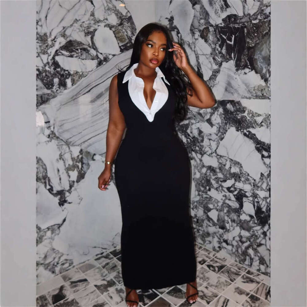 New Fashion Color Block Slim Fit Sexy Turn-Down Collar Sleeveless Bodycon Split Long Dress For Women B5