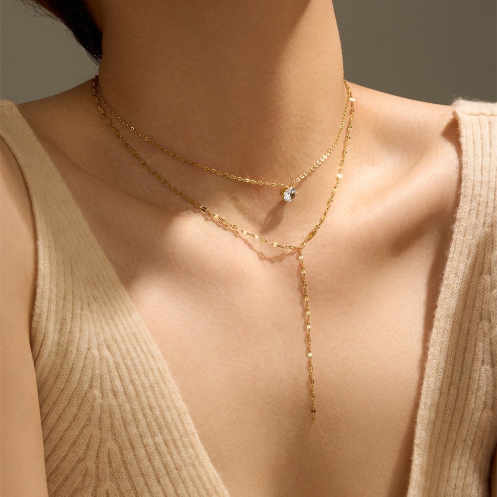 Fashionable Light Simple Elegant Six-Prong Zircon Double Layer Stacked Necklace for Women Titanium Steel Non-Fading Jewelry