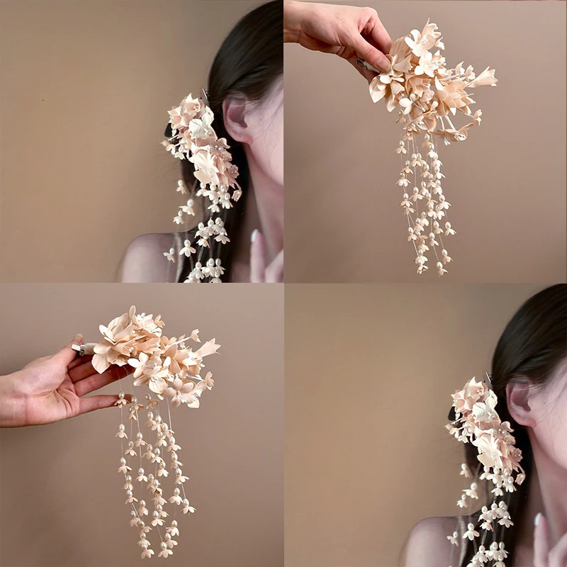 Flower Hair Barrettes Bridal Wedding Tiara Flower Pearl Tassel Hairpin Wedding Hair Accessories 250610